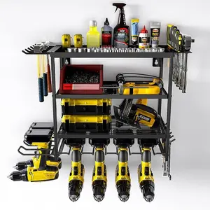 Power Tool Storage Wall Mounted Rack, 4 Layer Power Drill Tool Holder for 4 Power Drill Tools, Heavy Duty Tool Shelf with Side Screwdriver Rack and Hooks for Garage, Workshop