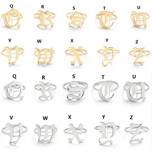 Initial Letter Rings For Women Open Adjustable Stainless Steel Gold Silver Color Ring Retro Old English Alphabet Jewelry Ring