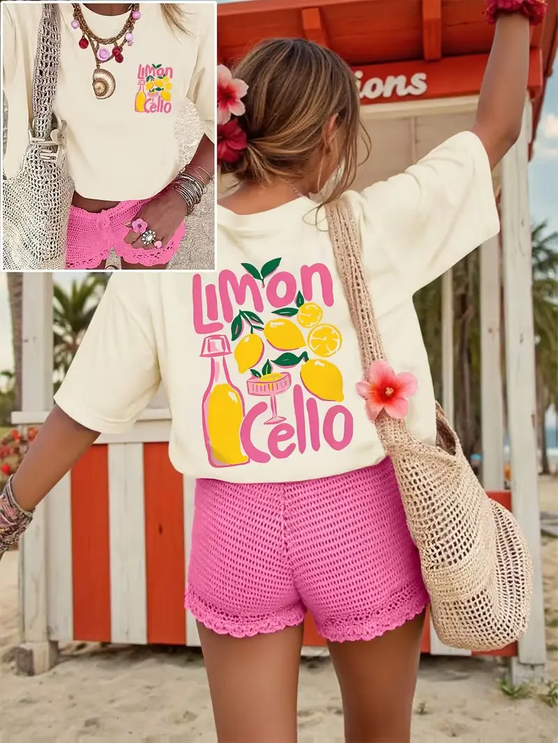 Women's Fashionable Casual Cotton T-Shirt - Round Neck, Short Sleeves, Lemon Design, 'Limoncello' Letters, Comfortable Everyday Fabric All-Season Top, Garment, Fitted