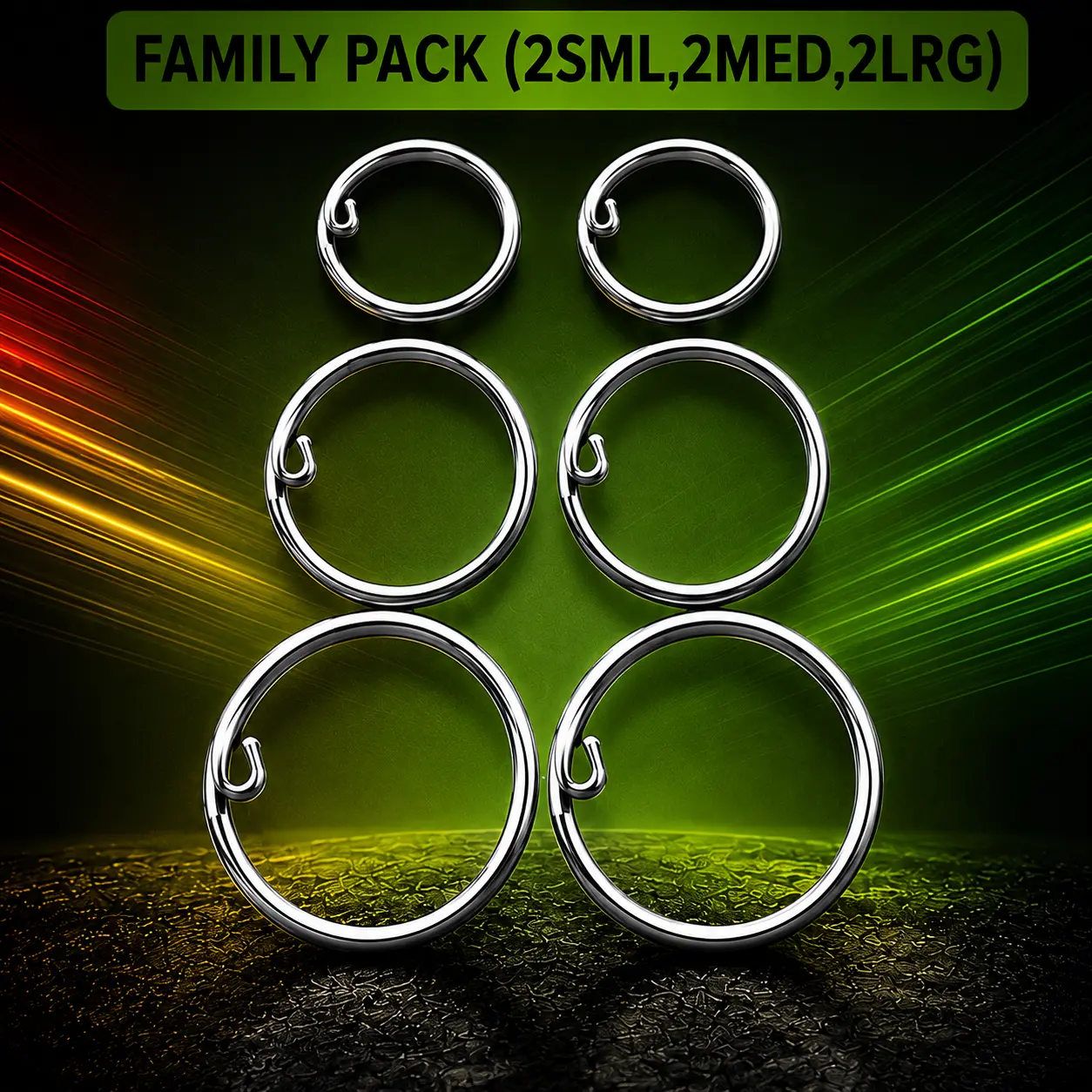 EZ Slide-On Key Rings — Family Pack (6pc) Stainless Steel (2 Small, 2 Medium and 2 Large)
