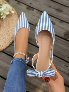 Women's 2026 New Striped Canvas Pointed Toe Flat Shoes, Blue / Bow Casual Sandals, Summer Breathable Soft Sole Commuter Shoes