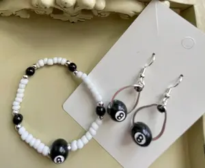 Magic 8 Ball Jewelry Set – Black White Beaded Bracelet & Dangle Earrings, Billiards Lucky Charm, Retro Y2K Handmade Gift- by Suzie with Sublime Designs