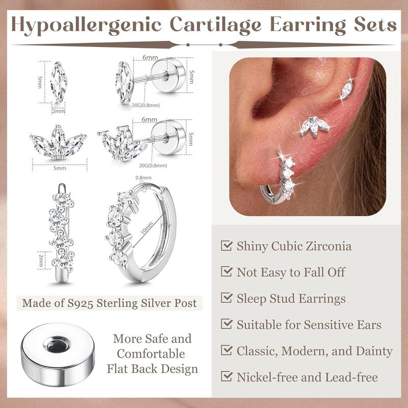 ZELORES 3 Pairs Sterling Silver Flat Back Earrings for Women Trendy Small Hoop Huggie Earrings CZ Cartilage Stud Earrings Set White Gold Plated Tragus Helix Earrings Piercing Jewelrys
