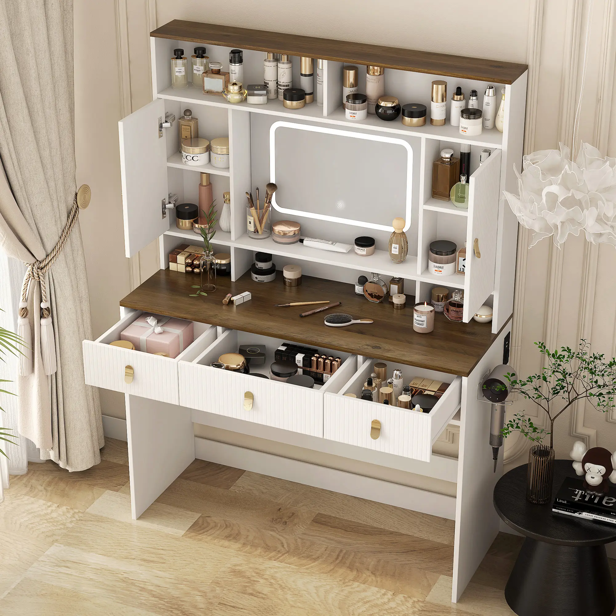 OPUL Farmhouse Dressing Table Makeup Table, 43" Wide Dressing Table with Lighted Mirror and Makeup Drawer, Large Modern Dressing Table Set with Hair Dryer Holder for Girls Women Bedroom Dressing Room, White