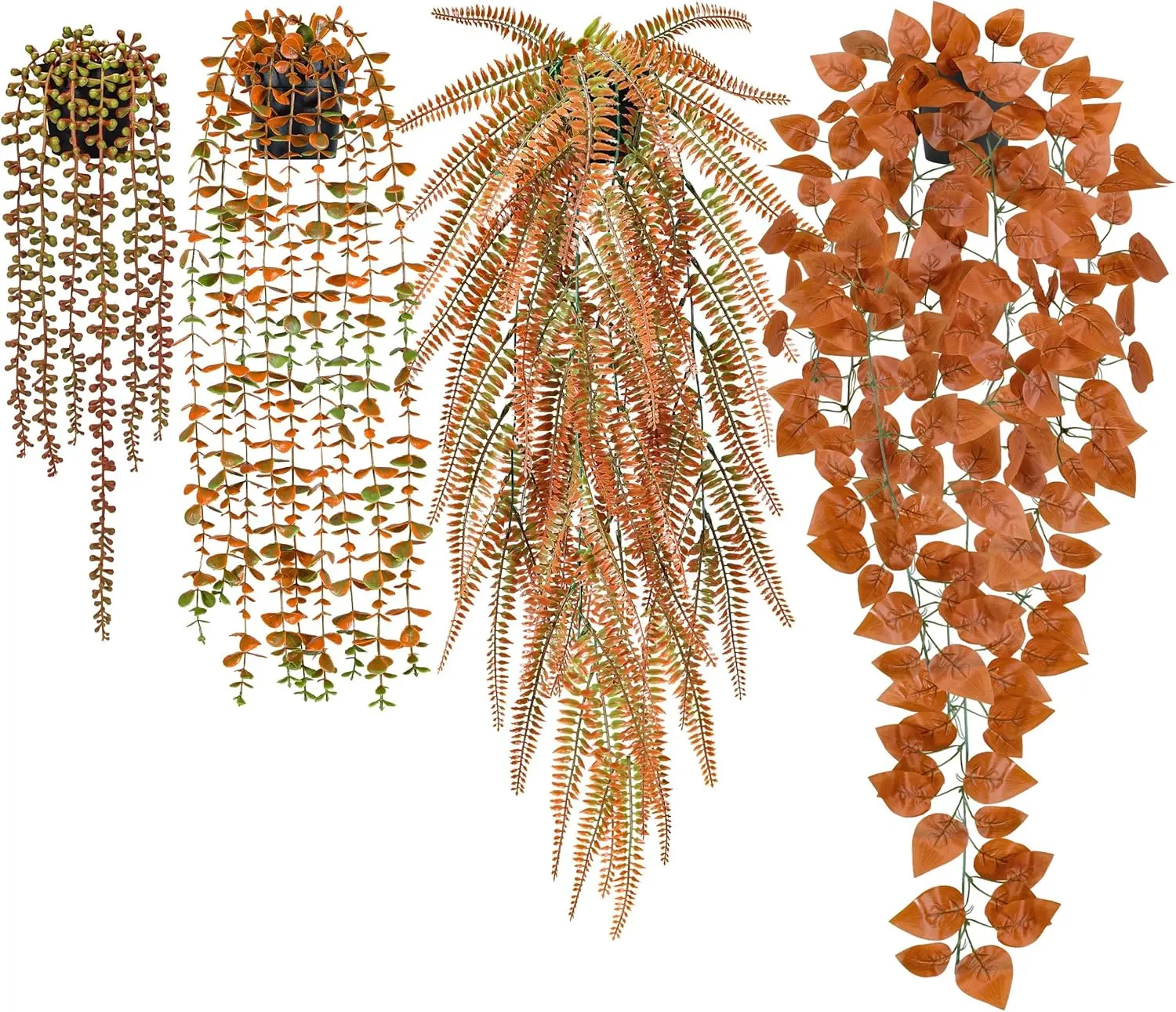 Der Rose 4Pcs Plastic Fake Fall Hanging Leaf Plant Decor - Orange Eucalyptus, Boston Fern, Pothos, String of Pearls, Waterproof, Multi-Size, for Anniversary, Balcony Outdoor, Bathroom Table Centerpiece (Indoor Use)