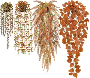 Der Rose 4Pcs Fake Fall Plants Hanging Orange Artificial Eucalyptus Plants, Boston Fern, Fake Potho, String of Pearls for Halloween Bathroom Table Centerpiece Wall Mantle Decor Indoor and Outdoor