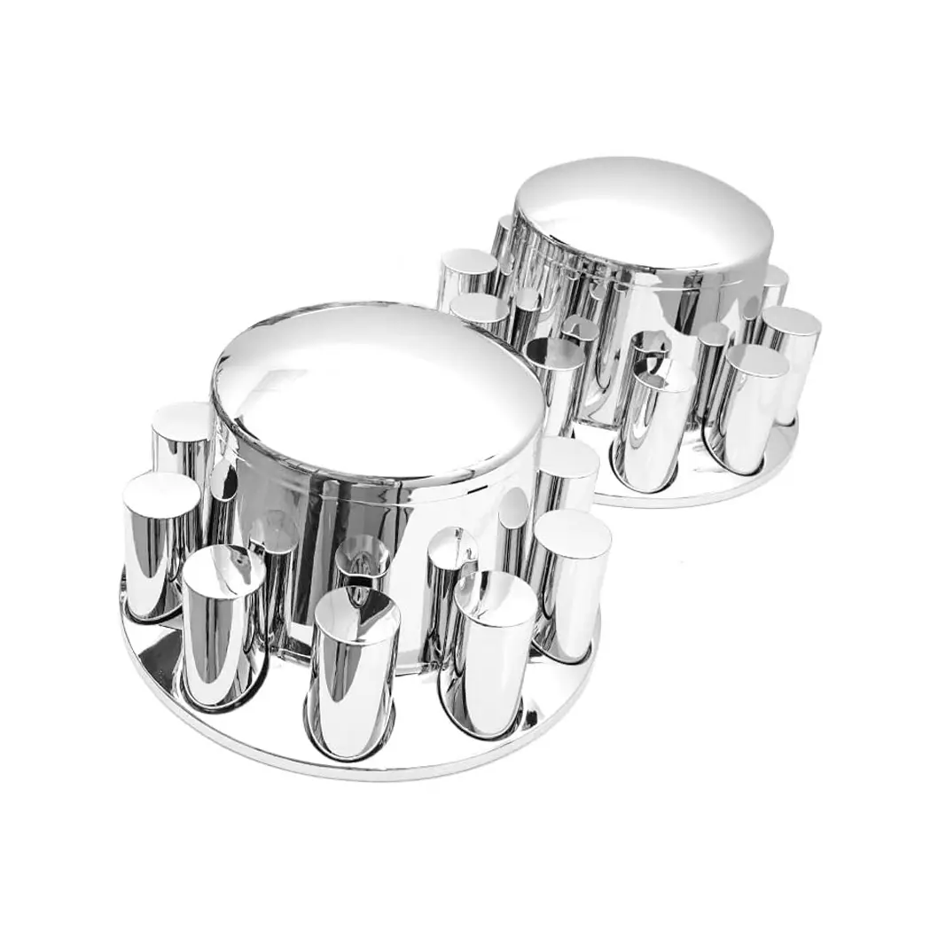 2 Pack of Rear Chrome Axle Wheel Cover Combo Kit ABS Plastic Removable Wheel Hub Caps with 33mm Thread-On Cylindar Lug Nut Covers for Semi Trucks (Rear 2), Improves Truck's Performance, 10-Hole 11-1/4" Bolt Circle Wheels