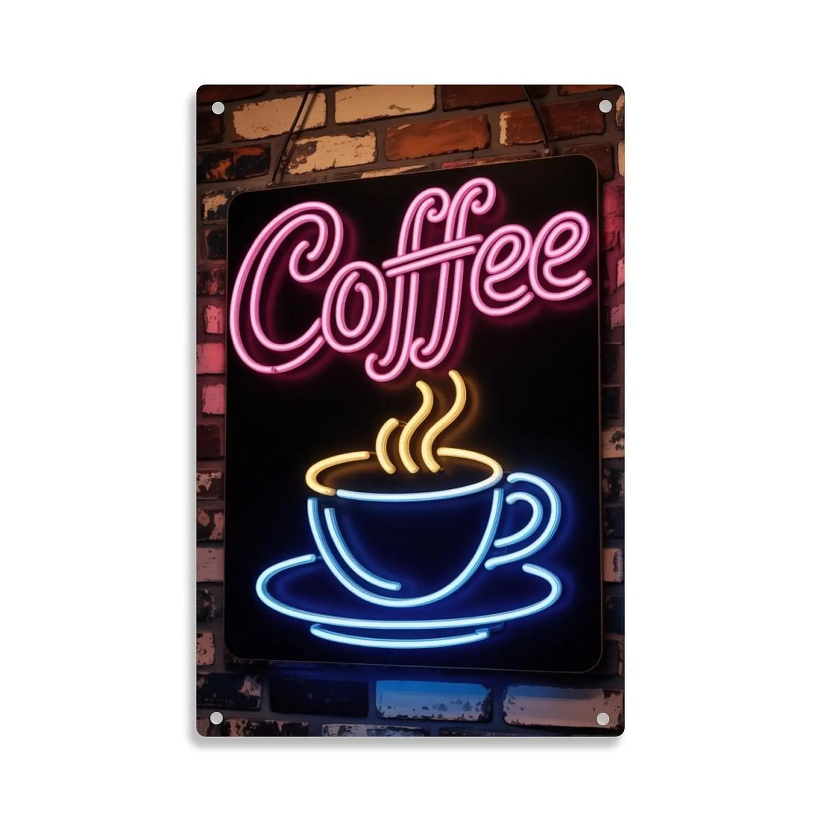 Neon Coffee Cup And Coffee Words  Tin Sign， Vintage Coffee Shop Neon Light Metal Sign Print Aesthetic Room Decoration for Home Bedroom Kitchen Bar Dorm Bathroom Wall Decor 8 X 12 Inch