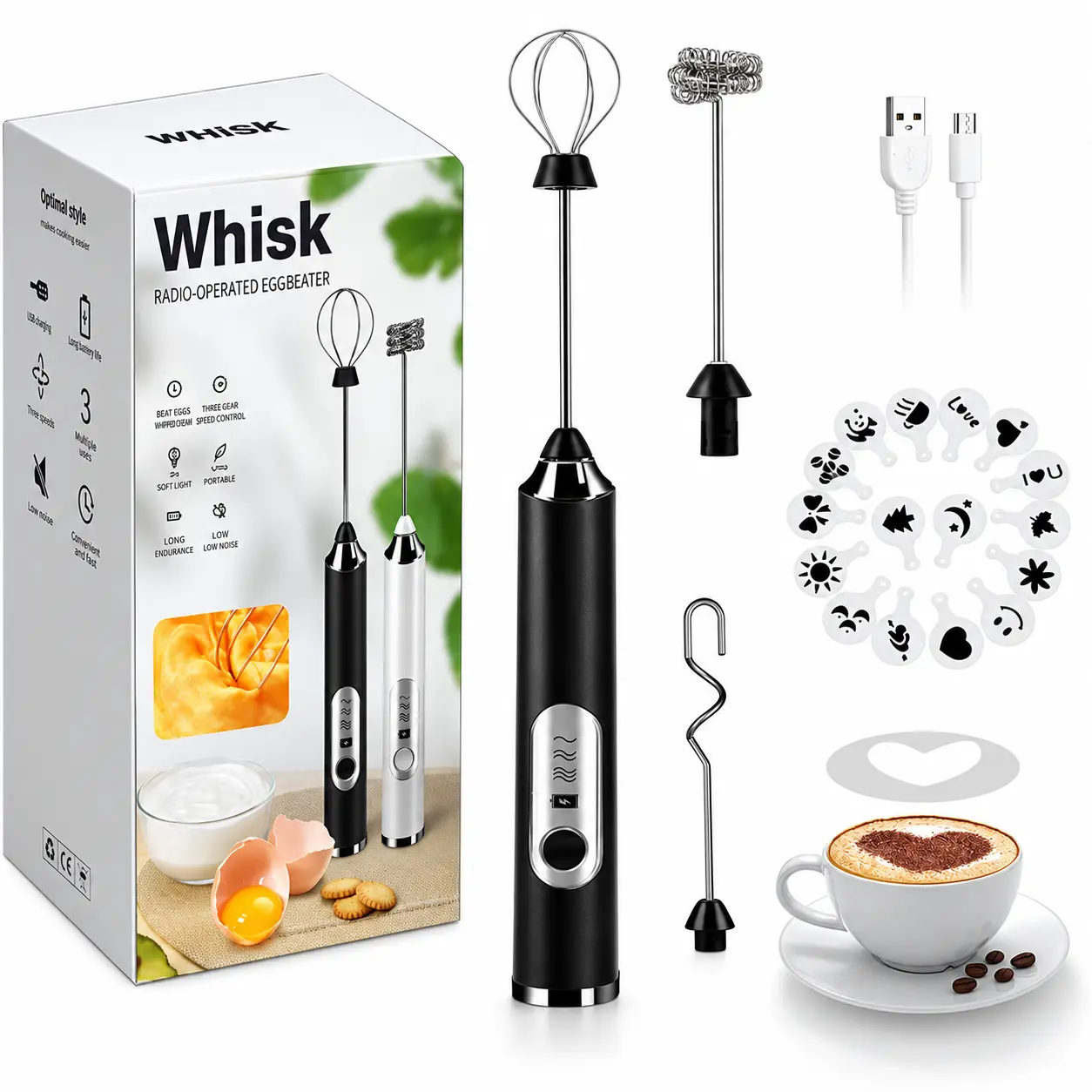 Handheld Rechargeable Milk Frother - 3-Speed Black Electric Foam Maker with 2 Stainless Steel Whisks, Binder Accessory Prep Tool for Office Use, Drink Mixer for Lattes, Cappuccino, Foam Making