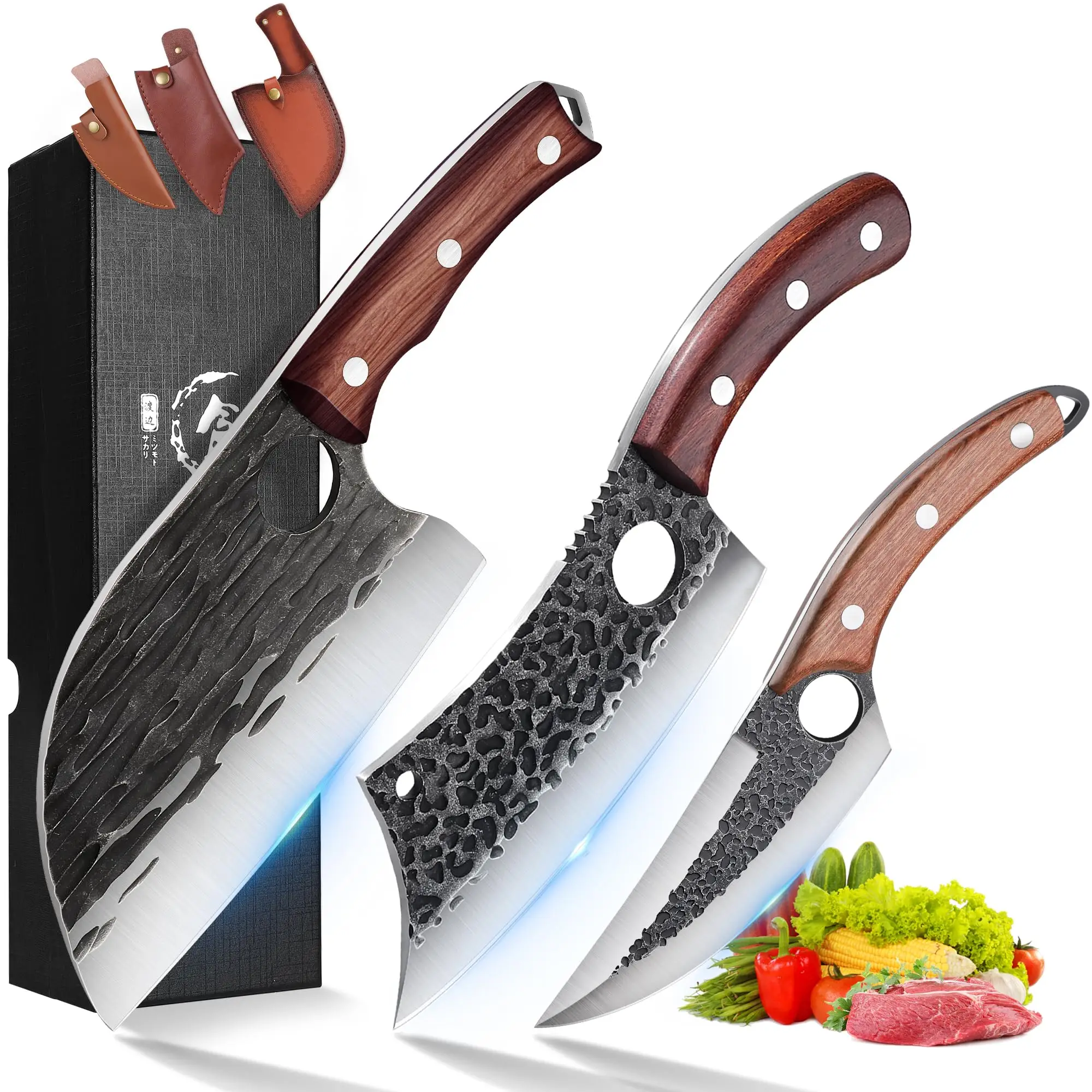 Purple Dragon Hand Forged 3PCS Kitchen KnivesSet - High Carbon Steel Blade with Wooden Handle BlackFriday Gift