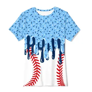 Unisex Baseball Graphic T-Shirt with Red Stitches, Blue Drip & Sprinkle Design – Casual Sports Fan Apparel for Game Day, Everyday Wear