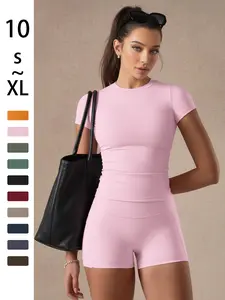 Women's Solid Color Set, Basic Versatile T-Shirt Top, Fashion Multi-Purpose High Waist Gym Shorts, Yoga Fitness, All Seasons, Gymswear