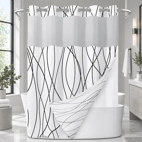 Black White No Hook Shower Curtain with Liner, Stripe Pattern,Mesh Top Window,Bottom Magnets,Hotel Style,Machine Washable,Modern,for Bathroom 71 x 74 Inch