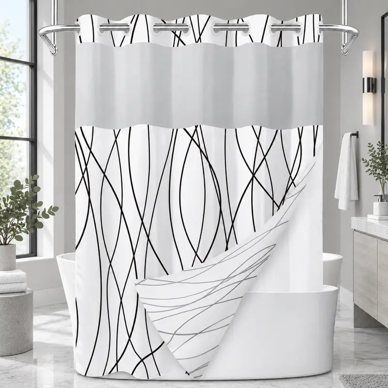 Black White No Hook Shower Curtain with Liner, Stripe Pattern,Mesh Top Window,Bottom Magnets,Hotel Style,Machine Washable,Modern,for Bathroom 71 x 74 Inch