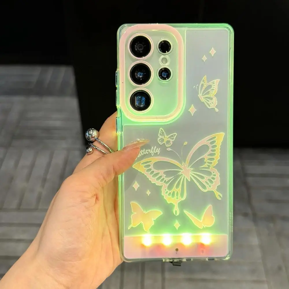 2026 Change Color Luminous Call Light Up Flash Butterfly Leaf Phone Case for Samsung S24 25 26 Ultra Plus A 35 36 55 56 Cover