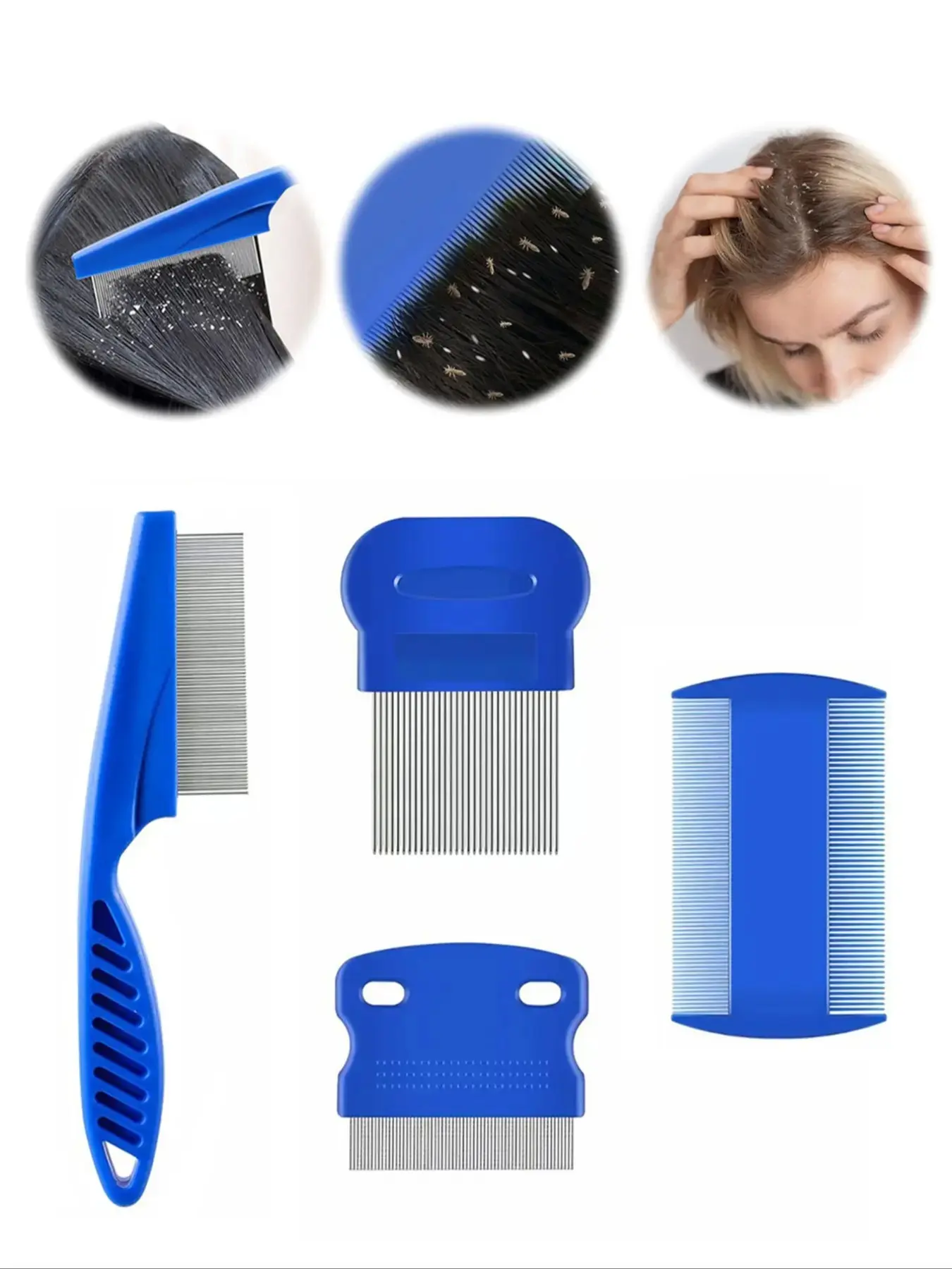 4-Pack Blue Stainless Steel Fine-Tooth Lice Comb Set, Multi-Purpose Dandruff Removal Comb for Head Cleaning & Scalp Care