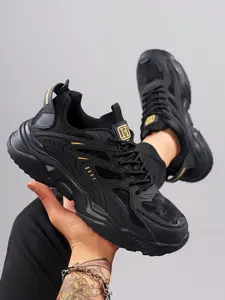 Men's Casual Patchwork Sneakers, Breathable Textile Upper & PVC Sole, All-Season Comfort Shoes, Trendy Design, Thick Soled Sneakers, All Match Sneakers