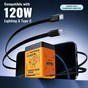2-in-1 GaN Compatible with 120W Fast Charger with Retractable Type-C and ligtning Cable | Portable Adapter for iPhone 16, iPad, MacBook, Multi-Device Fast Charging, Folding Charing