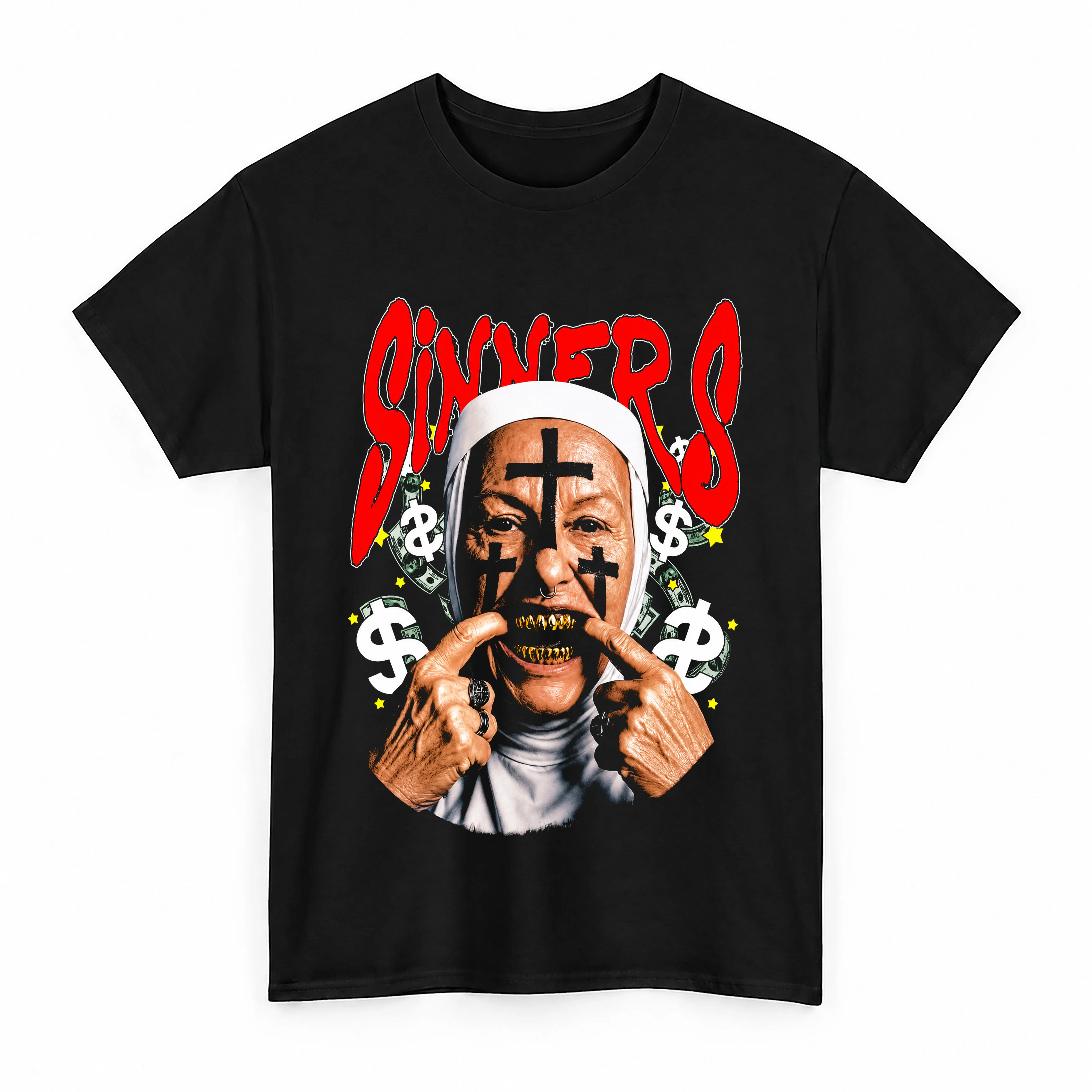 Sinners Gold Teeth Nun Graphic Tee, Y2K Retro Grunge Streetwear, Alternative Aesthetic T-Shirt