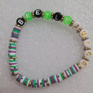 Beetlejuice Bracelet - One of My Favs with Colorful Beads, purple, green, white, and black clay beads, and Gold Accents - Personal Favorite Accessory