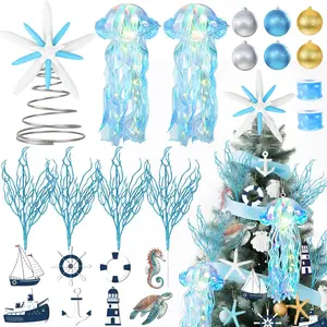 Christmas Tree Ornaments Set, Nautical Ocean Theme Decoration with Tree Topper, Lanterns, Coral Picks Sprays Wooden Ornaments, Blue Gold & Pearl White