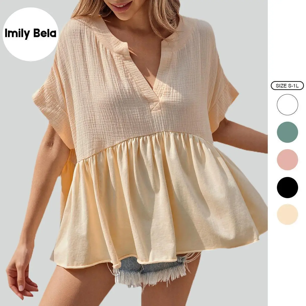 Sovelen Women's Maternity Lady's Short-Sleeve V-Neck Pleated Flowy Peplum Blouse - Chic, Elegant, Casual Loose-Fit Summer Top