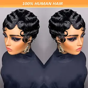 Hot New Arrived Retro Finger Wave Wigs: 6-inch Short Curls for Elegant Ladies-Human Hair, Black, Non-gel, for Role Playing, Music Festivals and All Hair Types