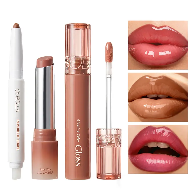 QIUFSSE 3-in-1 Lip Care Kit - High-Shine Lipgloss, Soft Jam Lipstick, Precise Liner, Mirror - Waterproof, Long-Lasting, Moisturizing Cosmetic for Flawless Glass Lips Makeup