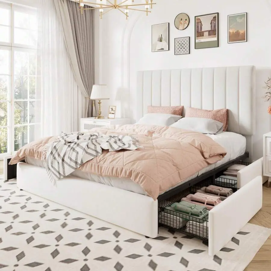 Allewie Full/Queen/King Size Storage Bed Frame, Vertical Channel Tufted Adjustable Headboard, Velvet Upholstered Platform Bed With 4 Oversized Underbed Drawers, Wooden Slats Support, No Box Spring Needed, White