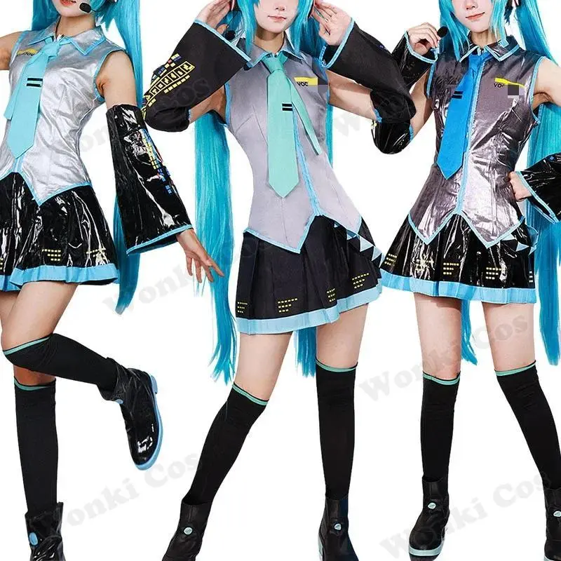 V Miku Official Cosplay Uniform Set - Clothes, Sleeves, Accessories (Green Ponytail Wig, Shoes, Boots, Skirt, Cap, Socks, Vest) for Girls' Comic Con Parties (Virtual Singer Themed)