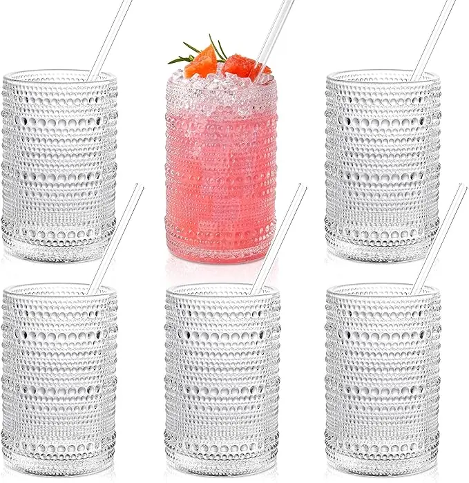 Vintage Hobnail Drinking Glasses Set of 6 - 15oz Water Cups for Cocktail, Whiskey, Beer and Juice - Embossed Glassware Drinkware