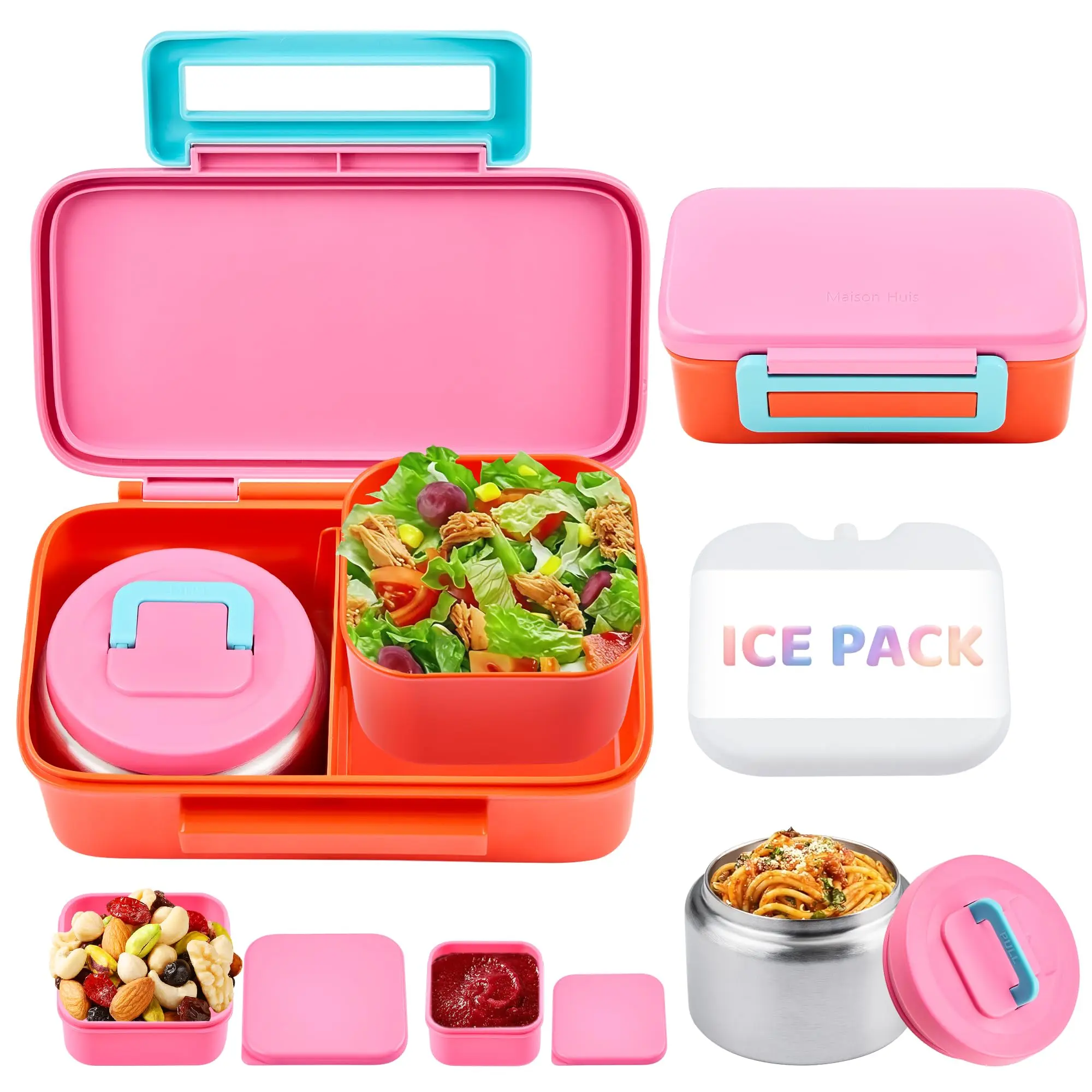 Lunch Box For With 8oz Soup Thermo  Leak-proof Container 2 Compartments Food Jar Containers To School (pink)