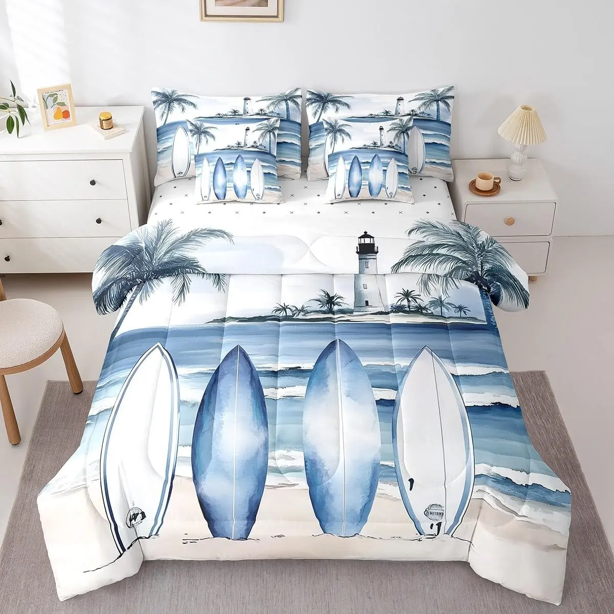 7 Piece Sailboat Bedding Set,Surf Themed Surfer Comforter Set with Sheets,Coastal Beach Surfing Bed Set,Blue Ocean Waves Bed in a Bag Adults Bedroom Decor