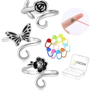 Adjustable Crochet Tension Ring for Fingers 3 count Flower Yarn Guide Knitting Tension Rings with 10 count Crochet Stitch Markers for Crocheting with Storage Box for Women