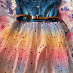 Girl's Denim-effect & Patchwork Belted Dress, Casual A Line Dress for Summer, Kids Clothes for Daily Wear, Collared Dress