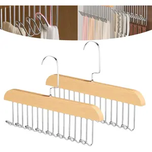 2 Pack Belt Hanger for Closet, Wooden Tie Racks Hangers with Upgraded 360° Rotating, Space-Saving Belt Organizer with 8 Hooks, Closet Storage for Tank Top, Bra, Scarf, Hat