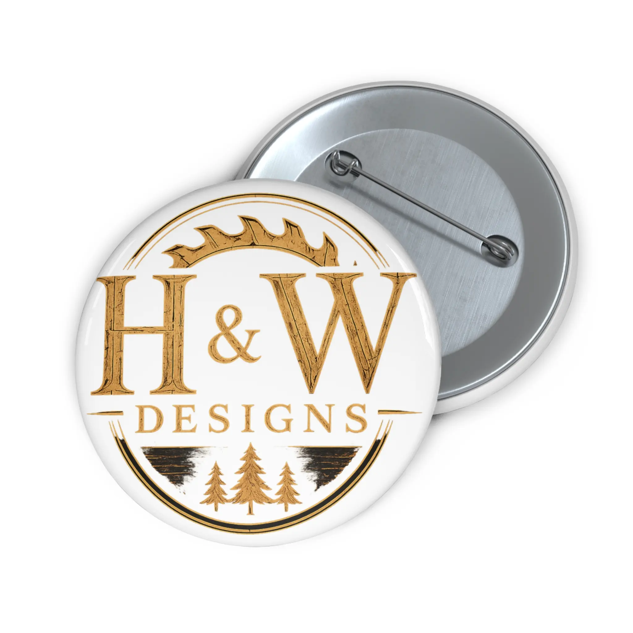 H & W Designs logo Pin Button | Round Branded Button Badge