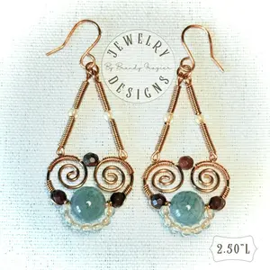 Brandy Frazier Handmade Beaded Wire Wrapped Earrings in Champaign Iridescent Czech , Jasper & sage crackle Glass Beads Hypoallergenic Jewelry 2.5" Length