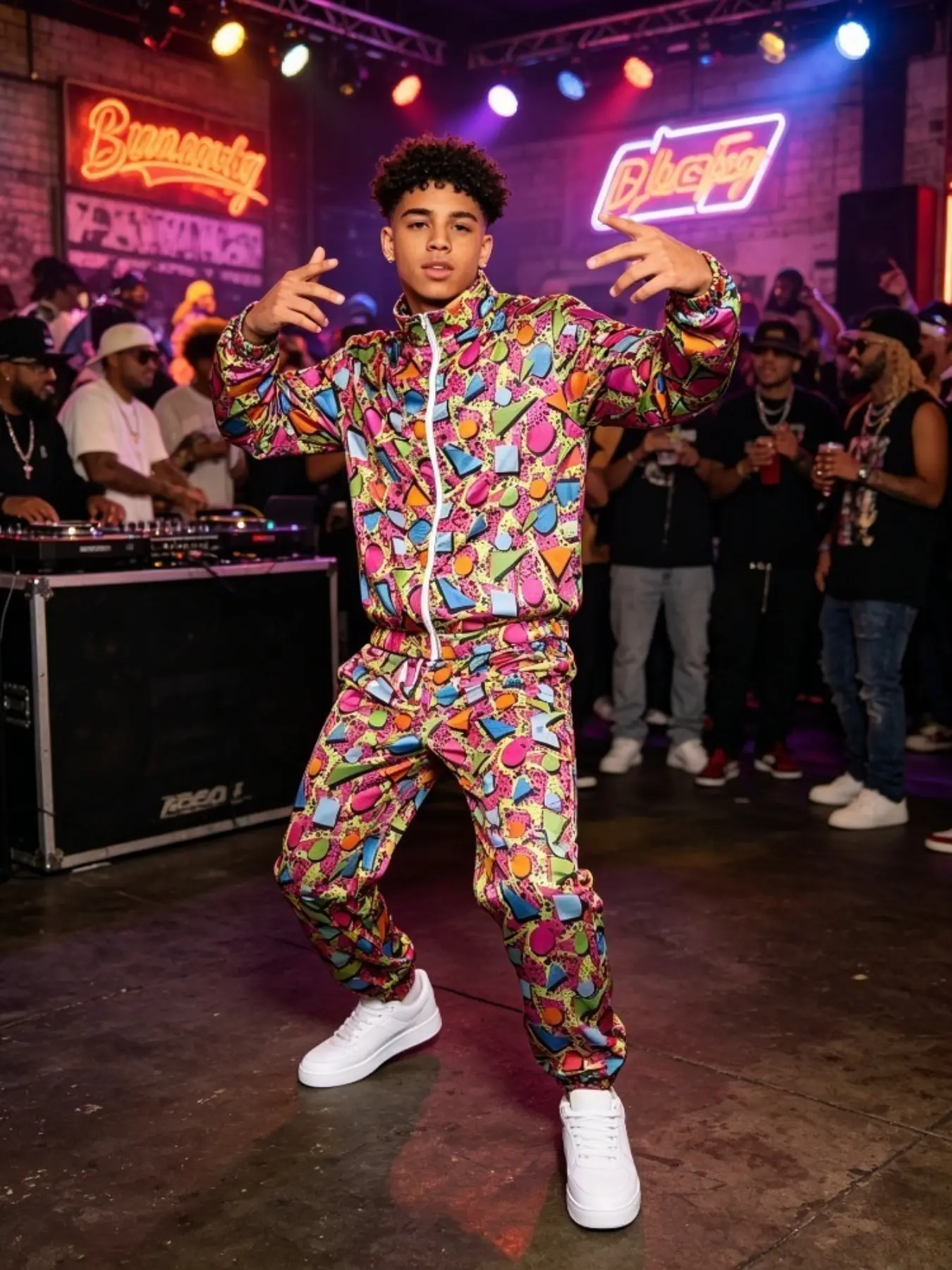 80s Old School Hip Hop Tracksuit | Retro Rapper Jogger Set with Zip Up Jacket + Baggy Side Stripe Pants | Fluorescent Disco Costume for Hip Hop Theme Party