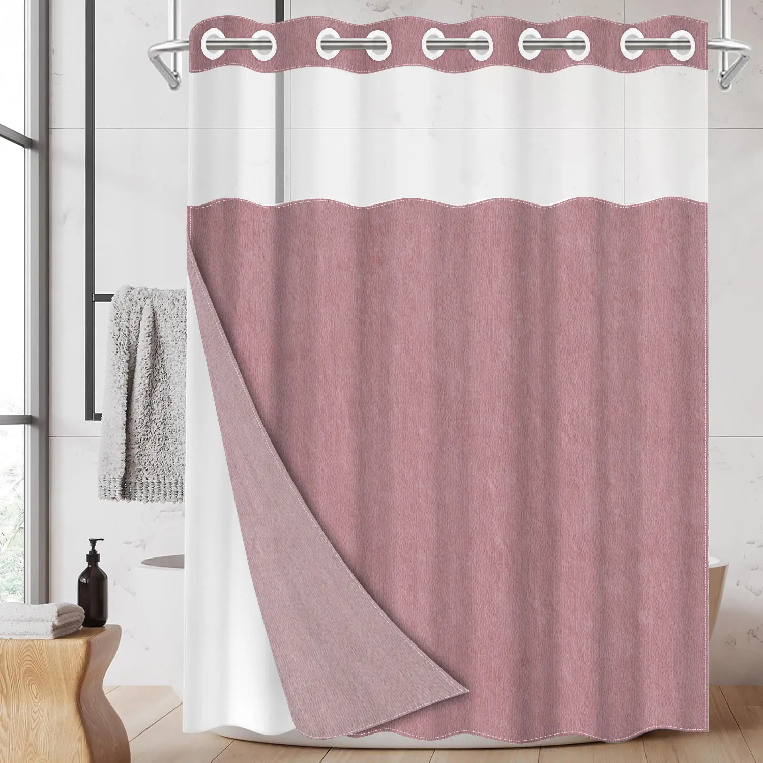 1pc hookless shower curtain no hooks with buckle lining, solid pink design, 2D flat printing, waterproof fabric lining, see-through double-layer bathroom shower curtain, 71 x 74 inches, modern home draping curtain, Shower Curtain Liner