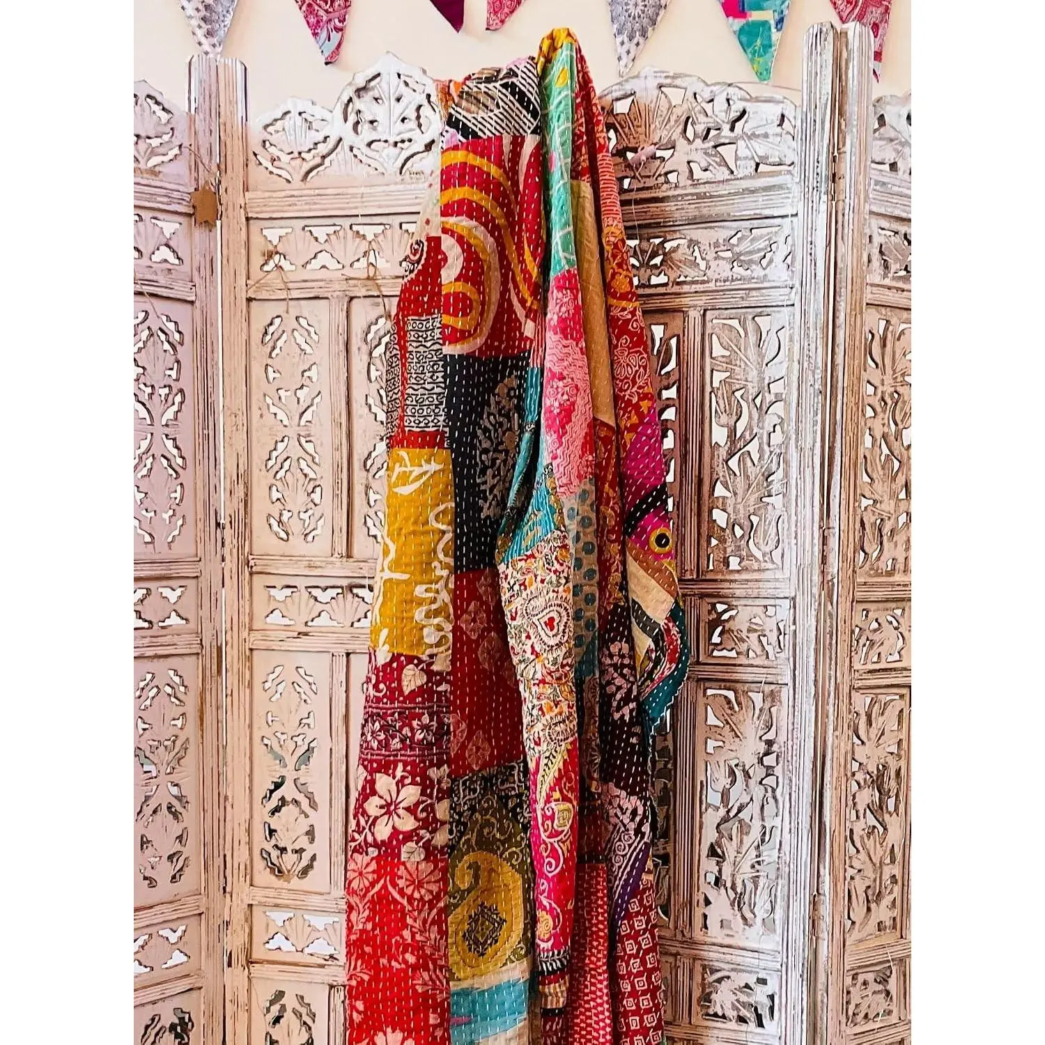 Indian Vintage Patchwork Cotton Kantha Quilt 55X85" Assorted Patches Cotton Kantha Hand Embroidered Bedcover - Set Of 1