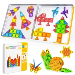 Magnetic Tiles with Iron Box, Travel Magnetic Tiles, Educational Building Blocks Set, Creative Building Blocks, Portable Toy for Kids Aged 3+, Birthday Gift for Boys and Girls