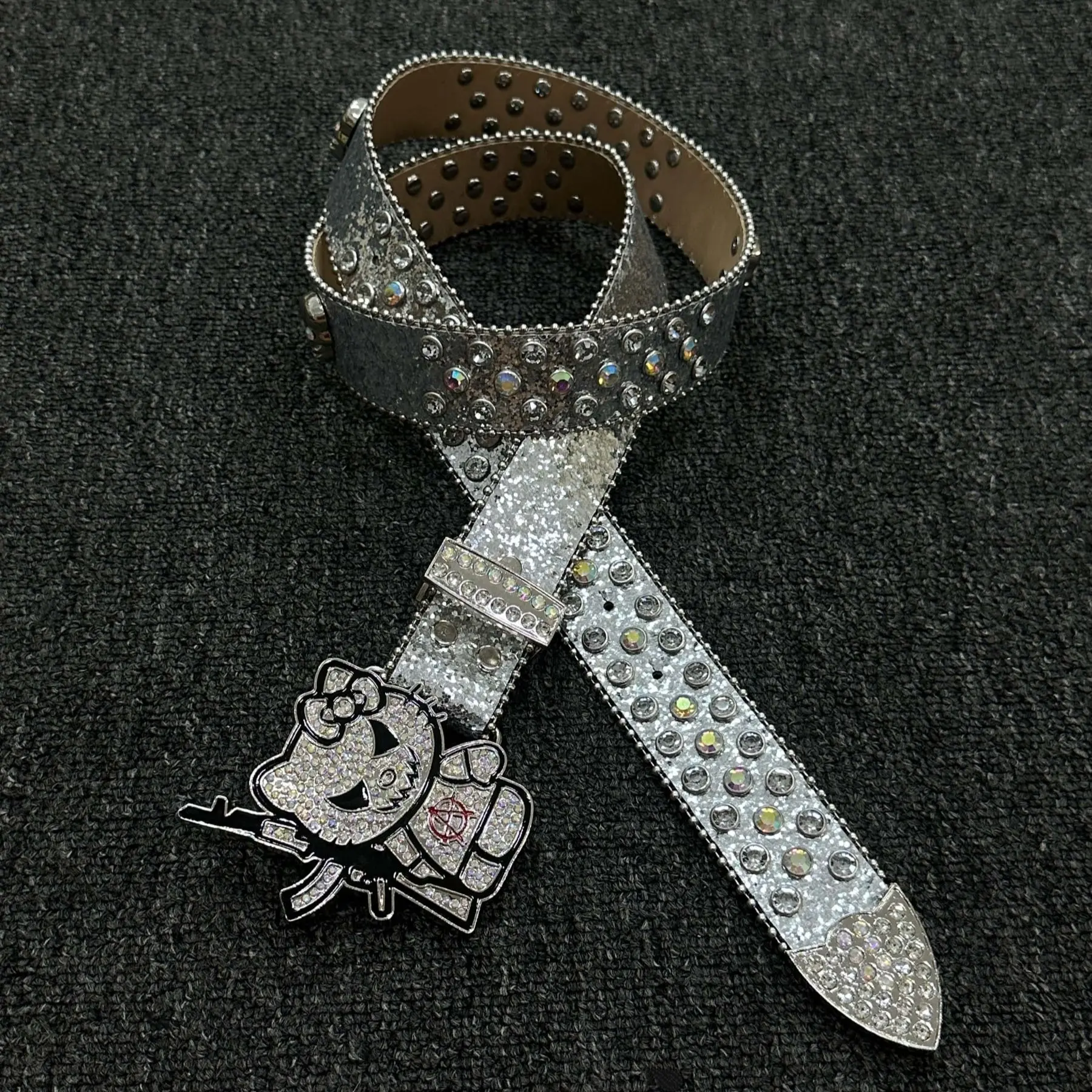 Rhinestone Studded Fashion Belt, Sparkling Glitter Waist Belt with Cartoon Character Buckle