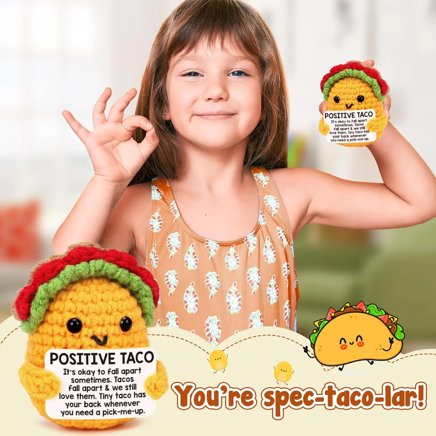 Mini Emotional Taco Support Positive Crochet Animals Funny Easter Day Birthday Gifts for Women Mom Daughter Sister Friend Inspirational Gifts Handmade Knitted Taco Cute Christmas Easter Basket Stuffer