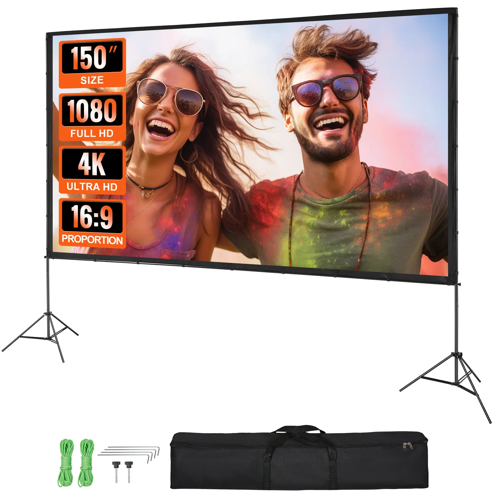 【Summervibes】VEVOR Projector Screen with Stand, 150 inch 16:9 4K 1080 HD Outdoor Movie Screen with Stand, Wrinkle-Free Projection Screen with Tripods and Carry Bag, for Home Theater Cinema Backyard Movie Night