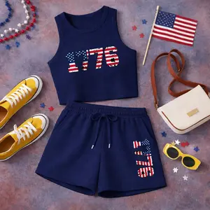 Women's USA 1776 Flag Sexy Comfortable Daily Lifeletter-Print Casual Cute Slim-Fit Tank Top And Drawstring Shorts Two-Piece Set, Perfect For Summer Wear, A Must-Have For Back-To-School Season.
