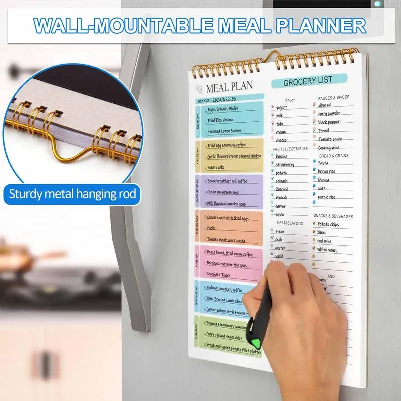 Magnetic Weekly Meal Planner & Grocery List Pad, 8.5x11 Meal Planning Notebook with Tear-Off Pages, Double Spiral Menu Organizer for Easy Family Meal Prep