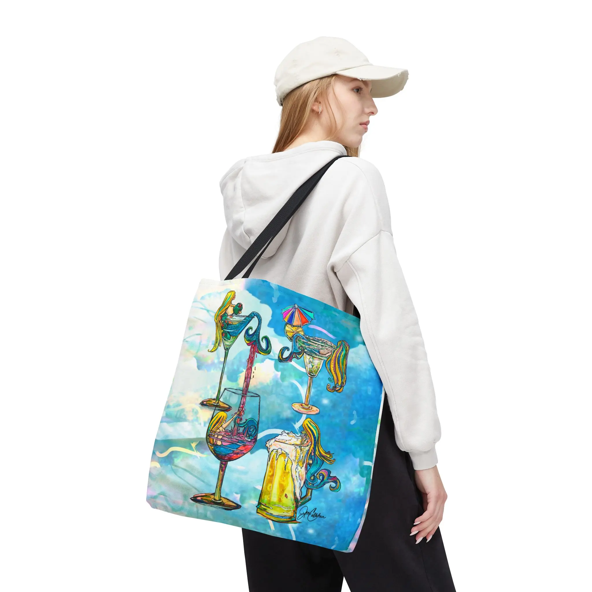 Drunk Mermaid in Drink Glass Tote Bag 18x18 — Rose Salty Olive Tipsy Art By Jen Callahan