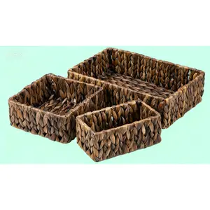 Large and Small Storage Baskets Set 3Pack, Hand Woven Water Hyacinth Organizing Baskets, Brown Wicker Baskets for Pantry Shelf, Reusable Storage Baskets for Home Organization