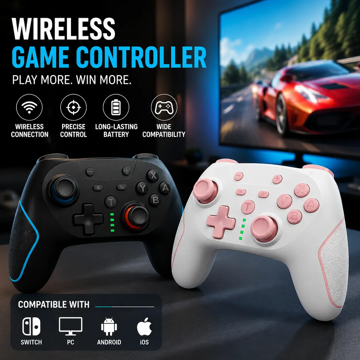 Wireless Controller for Switch/Switch Lite/Switch OLED/Switch 2, Wireless controller with 2 back buttons, 3-level TURBO adjustable(blue&red)
